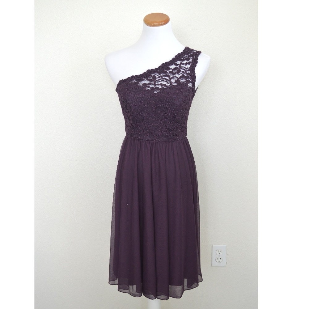 David's Bridal PLUM Short Lace Mesh One Shoulder